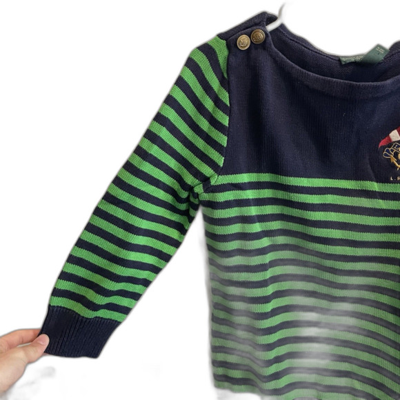Vtg Ralph Lauren Nautical Green Sweater L Blue Stripe Embroider Preppy Fisherman - Picture 2 of 9